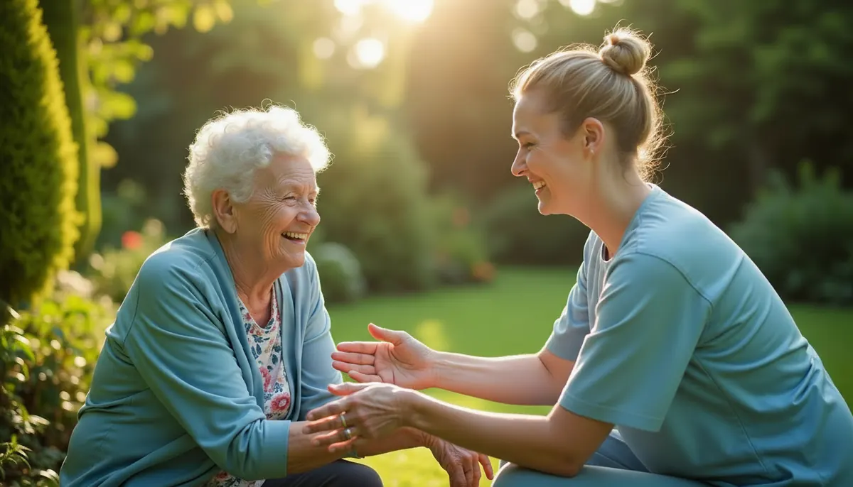 A carer and an older woman enjoying the garden at home in Hillingdon