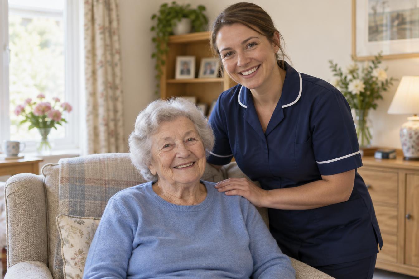 Professional carer supporting an elderly person at home in London